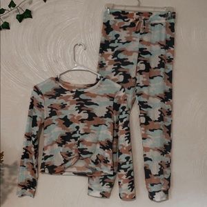 self esteem, camo, pink, blue, and white 2 piece shirt and pants